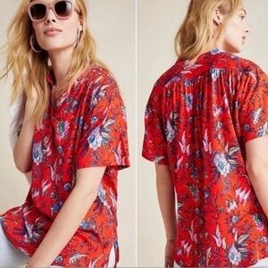 Anthropologie Maeve Windham Bright Red Floral Tunic Size Medium